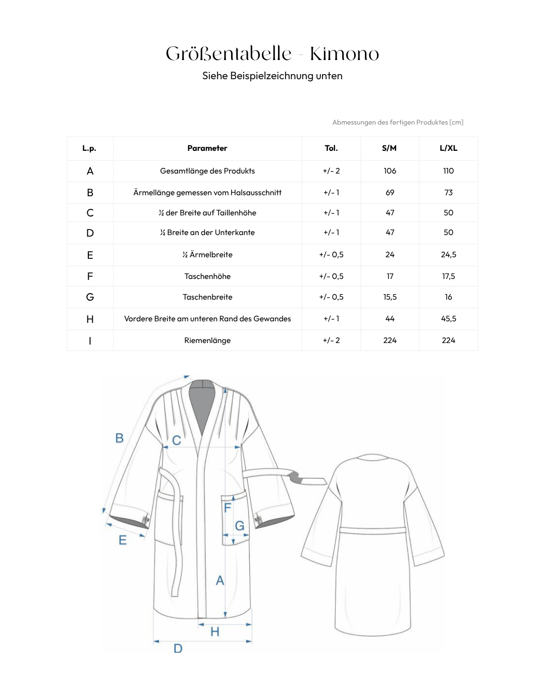 Größentabelle Kimono