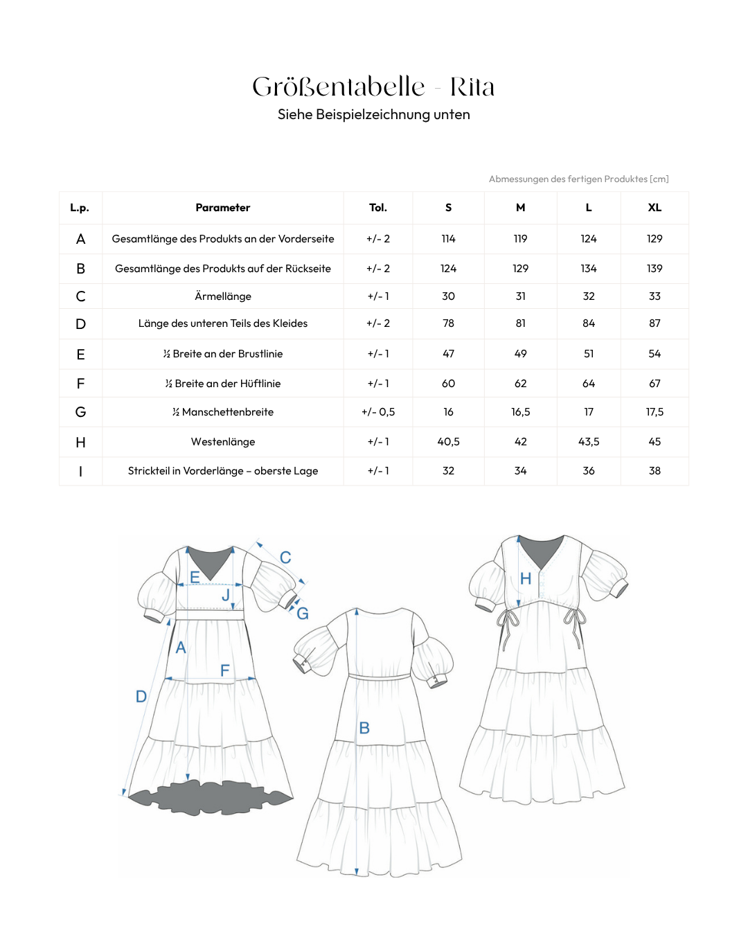 Größentabelle Rita