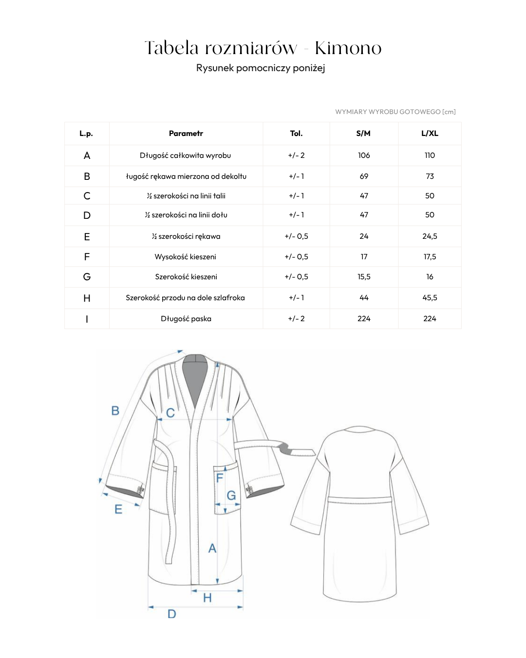 Tabela rozmiarów Kimono