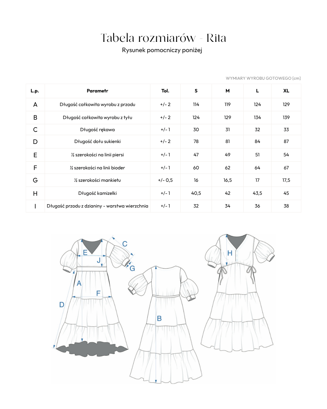 Tabela rozmiarów Rita